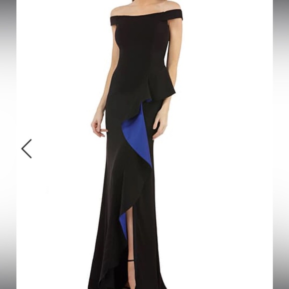 NWT Carmen Marc Valvo Infusion Formal Floor Length Contrast Ruffle Black Dress - Picture 3 of 11